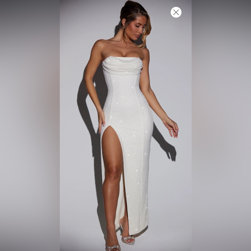 Oh Polly LA ROCHETTE Embellished Bandeau Cowl Neck Maxi Dress in Ivory